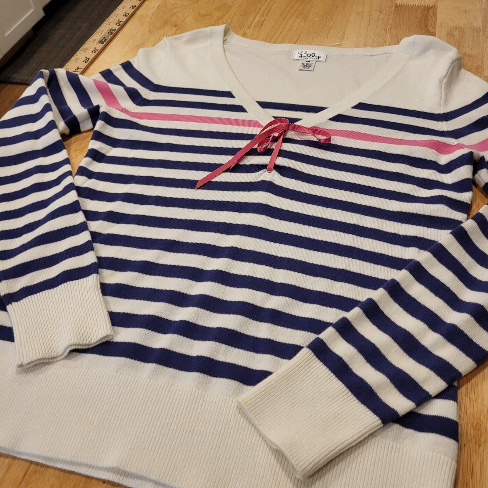 Lilly Pulitzer Blue Pink & White V Neck Long Sleeve Striped Sweater Bow XS