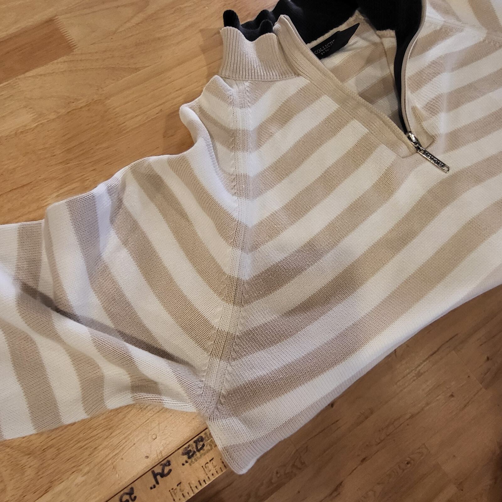 Collectable by Parkhurst Beige White Striped 1/4 Zip Sweater 100% Cotton Large