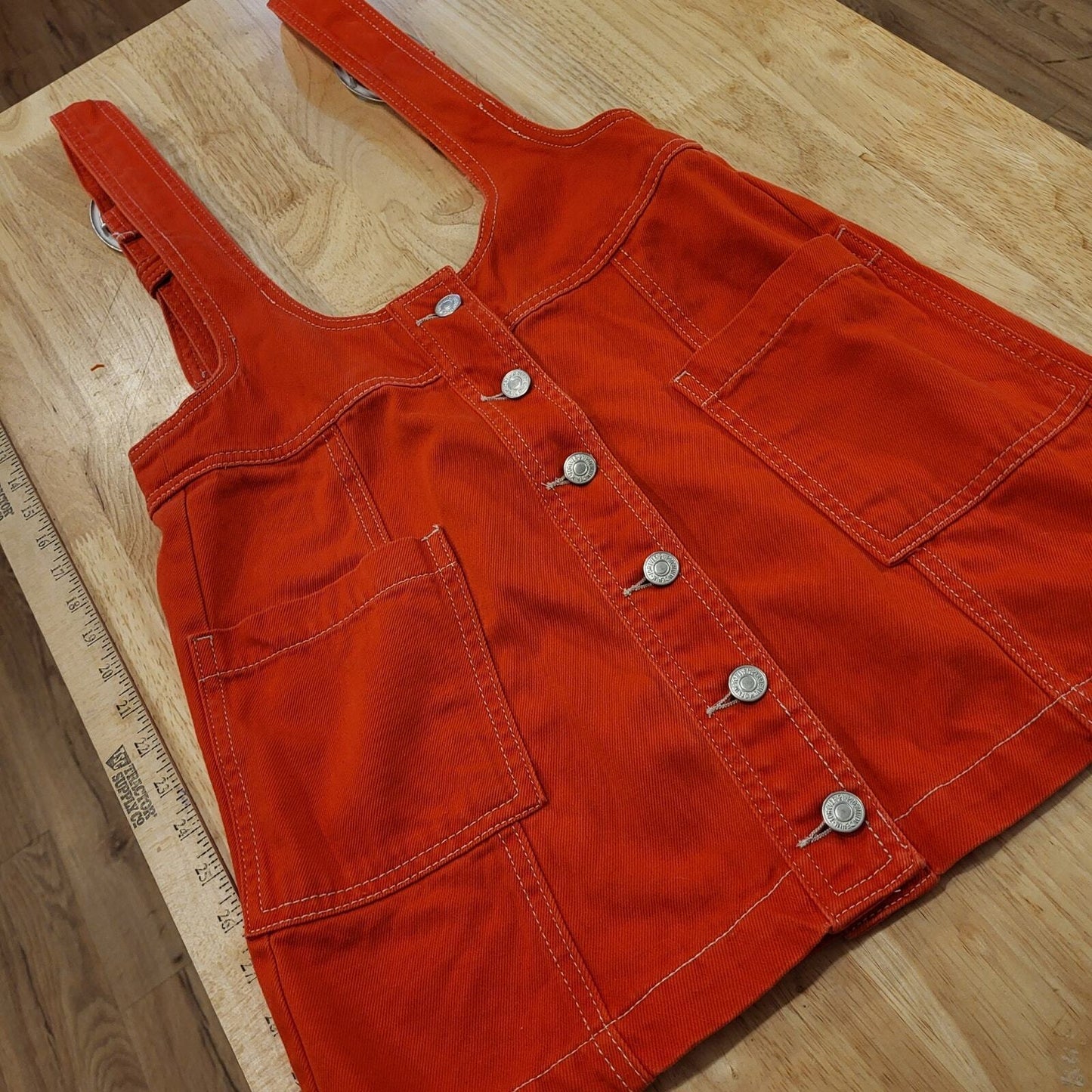 Medium Forever 21 Red Denim Pinafore Adjustable Buckle Overall Dress Pockets 