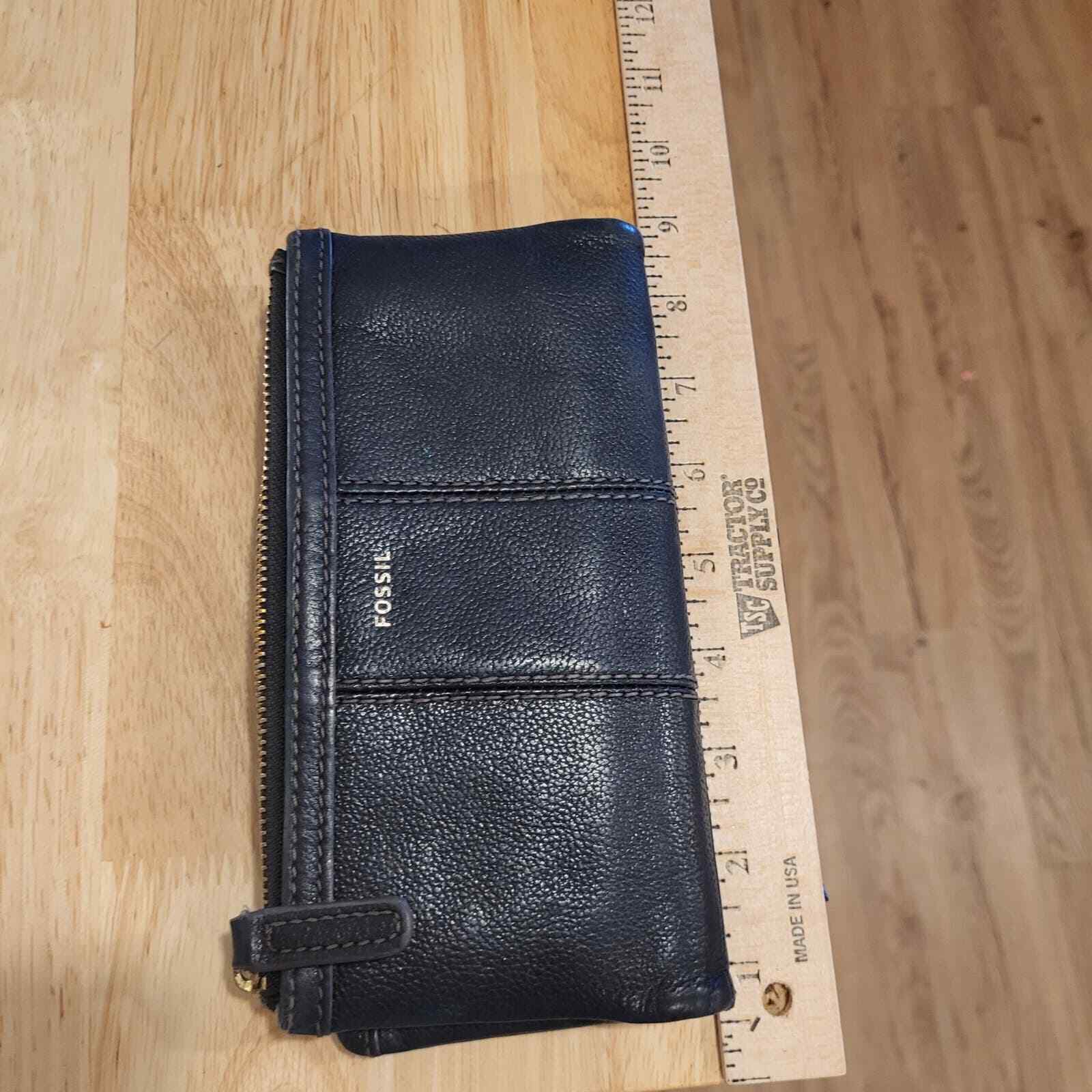 Black Leather Fossil Wallet 9" Snap Closure Zip Pocket