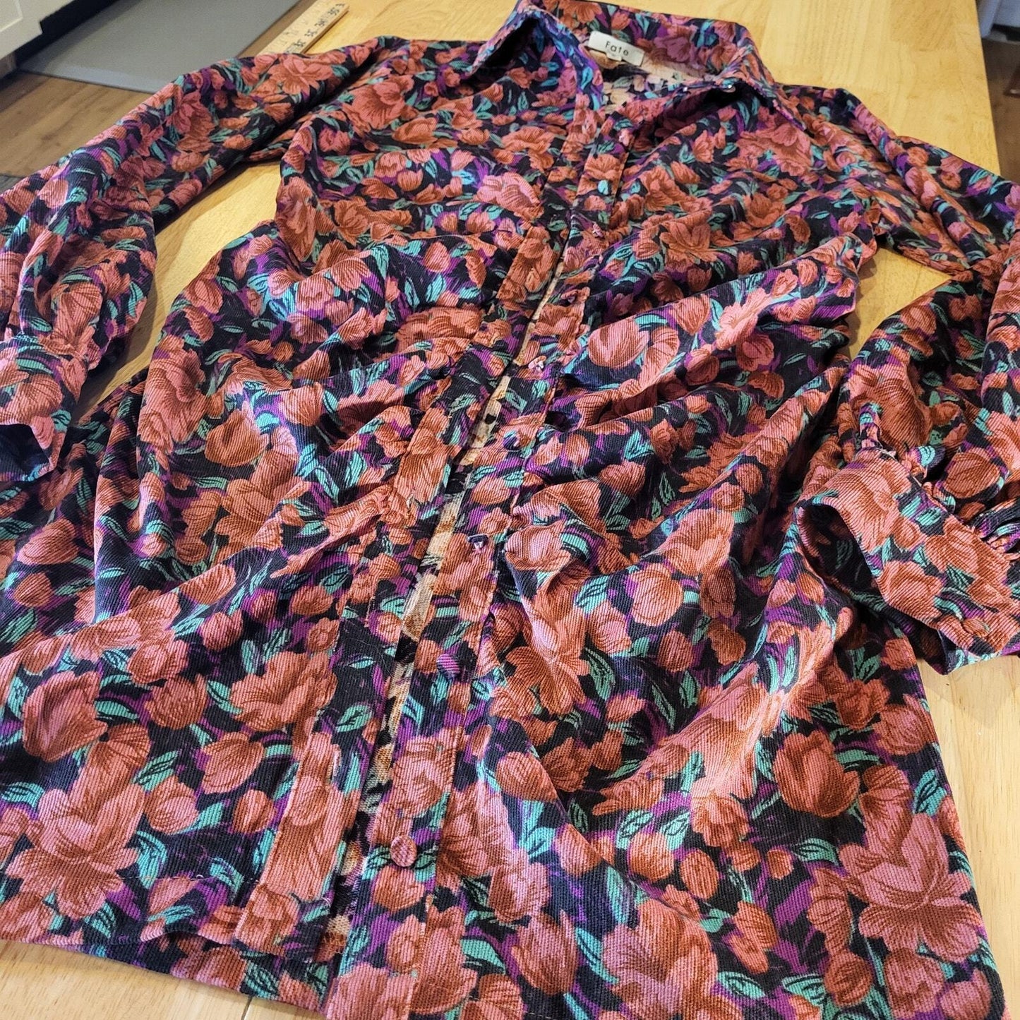 Fate Size Small Floral Pink Corduroy Collard Shirt Dress Gathered Button Down