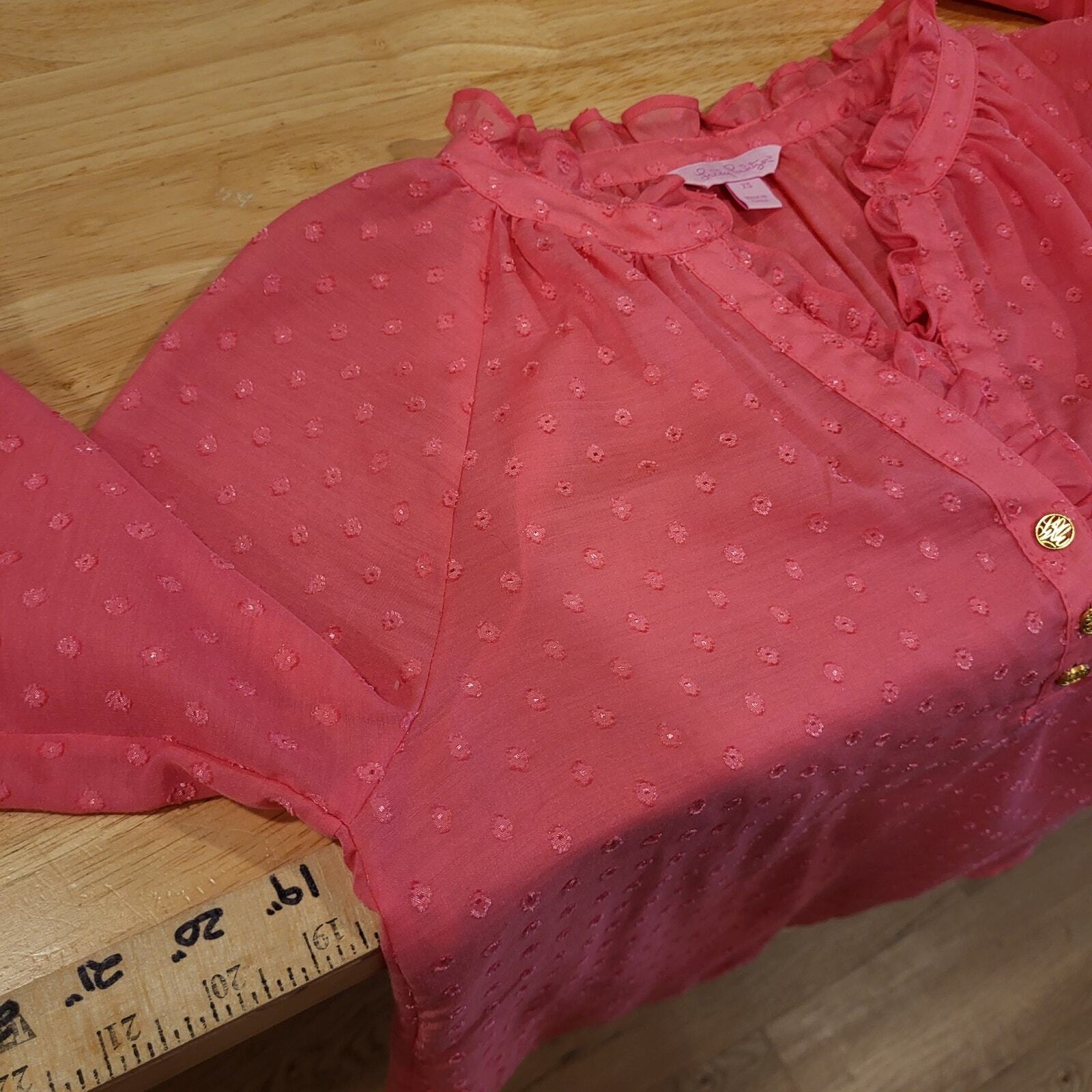 Lilly Pulitzer Pink Ruffle Button Collar Puff Sleeve Polka Dot Blouse S