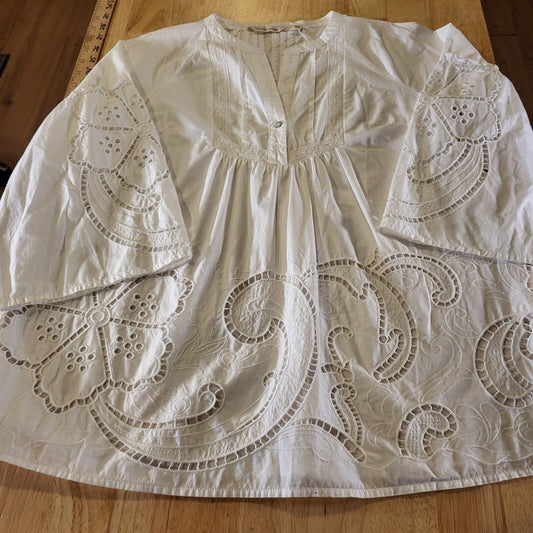 Soft Surroundings White Eyelet Cotton Blouse Pintuck Pleat 3/4" Sleeve XS 