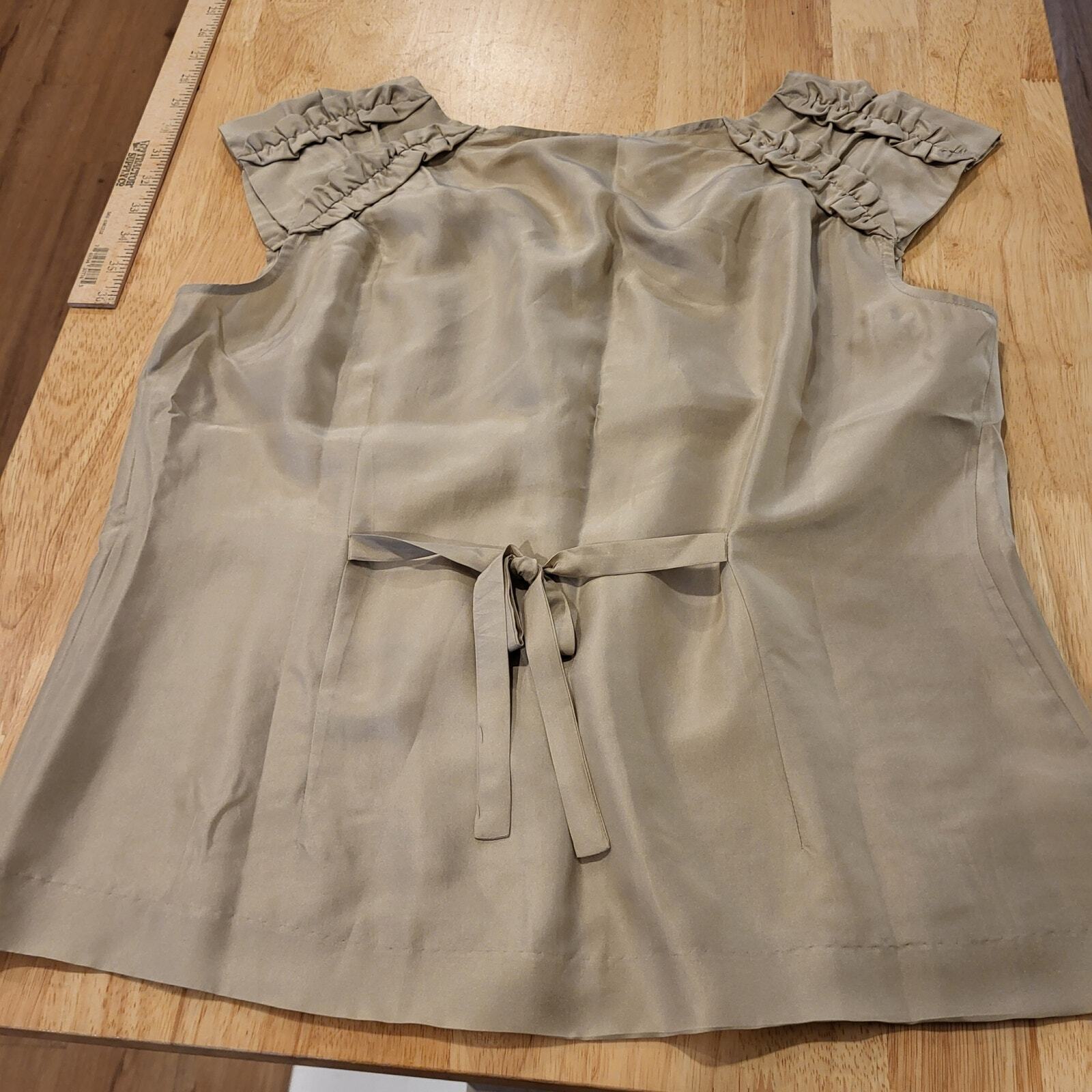 Beige Soft Surroundings 100% Silk Sleeveless Blouse shoulder ruffle button front