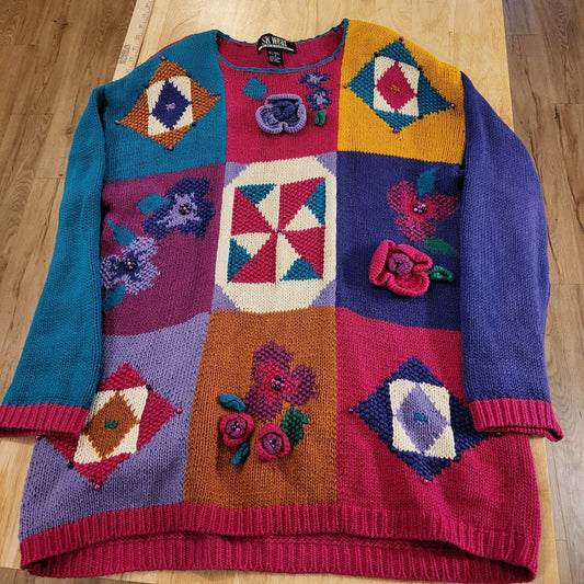 Vintage 90's Colorful Long Sweater Geometric Floral Cotton Blend Small 