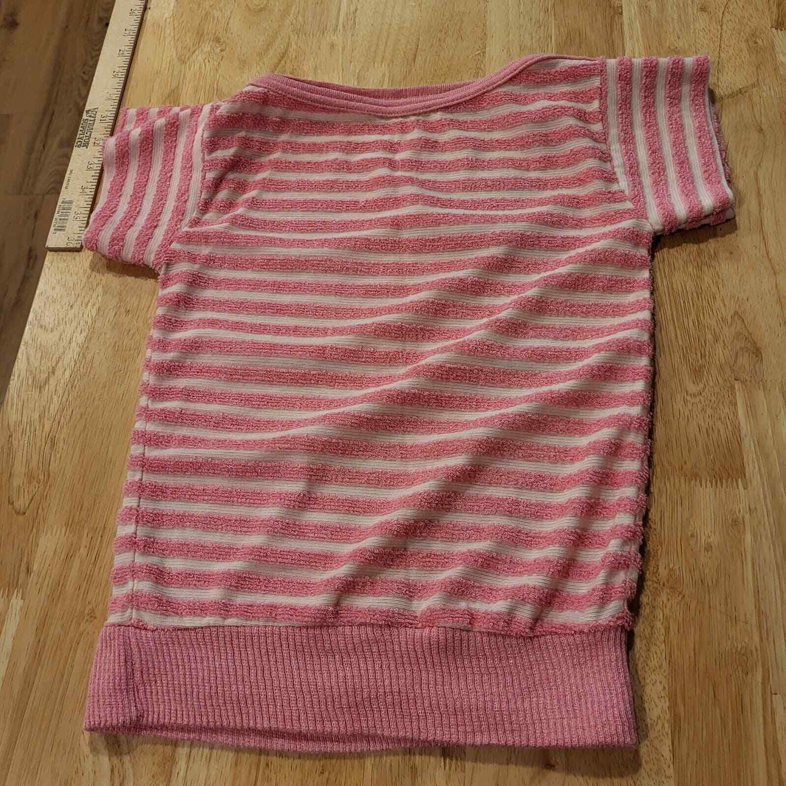 Vintage Pink Striped Terry Cloth Top Cap Sleeve Elastic Waist 15" Pit 2 Pit