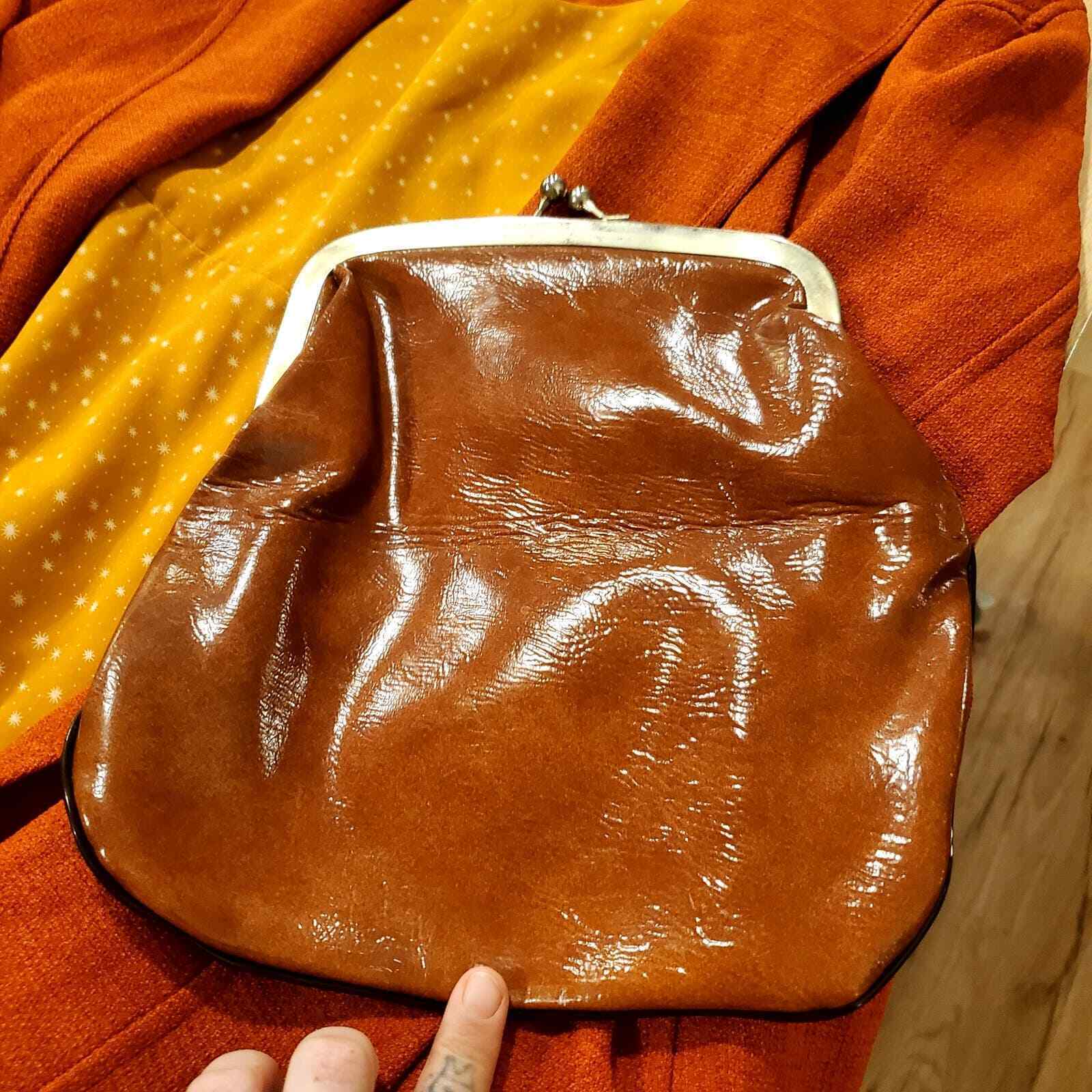 Vintage Brown Glossy Leather Look Top Clasp Folding Clutch Bag