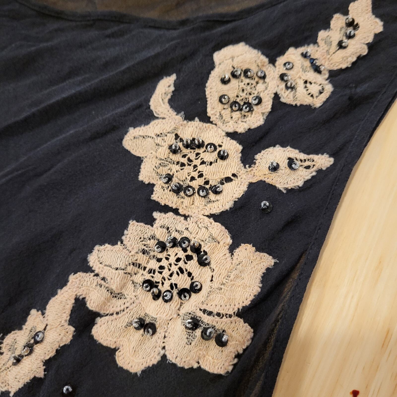 Black Silk Sheer Sleeveless Asymmetrical Floral Embroidered Dress 16" pit 2 pit