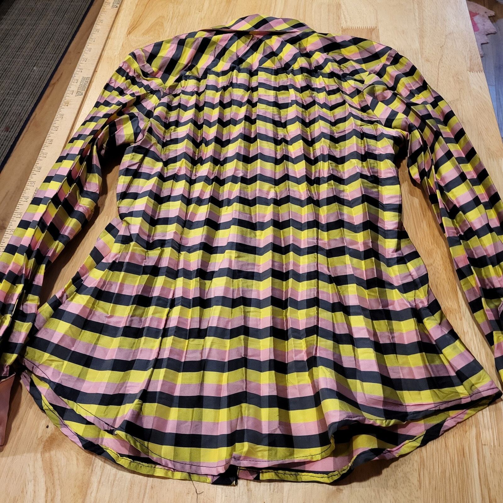 Beluva Pink & Green Plaid Crepe Button Down Collared Top Cuff Colorful 18" P2P