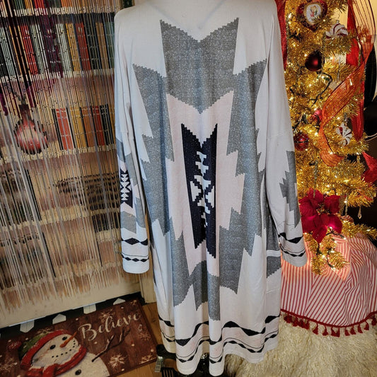 Aztec Print Long Jersey Cardigan Pink Gray Black Lightweight Probably Shein