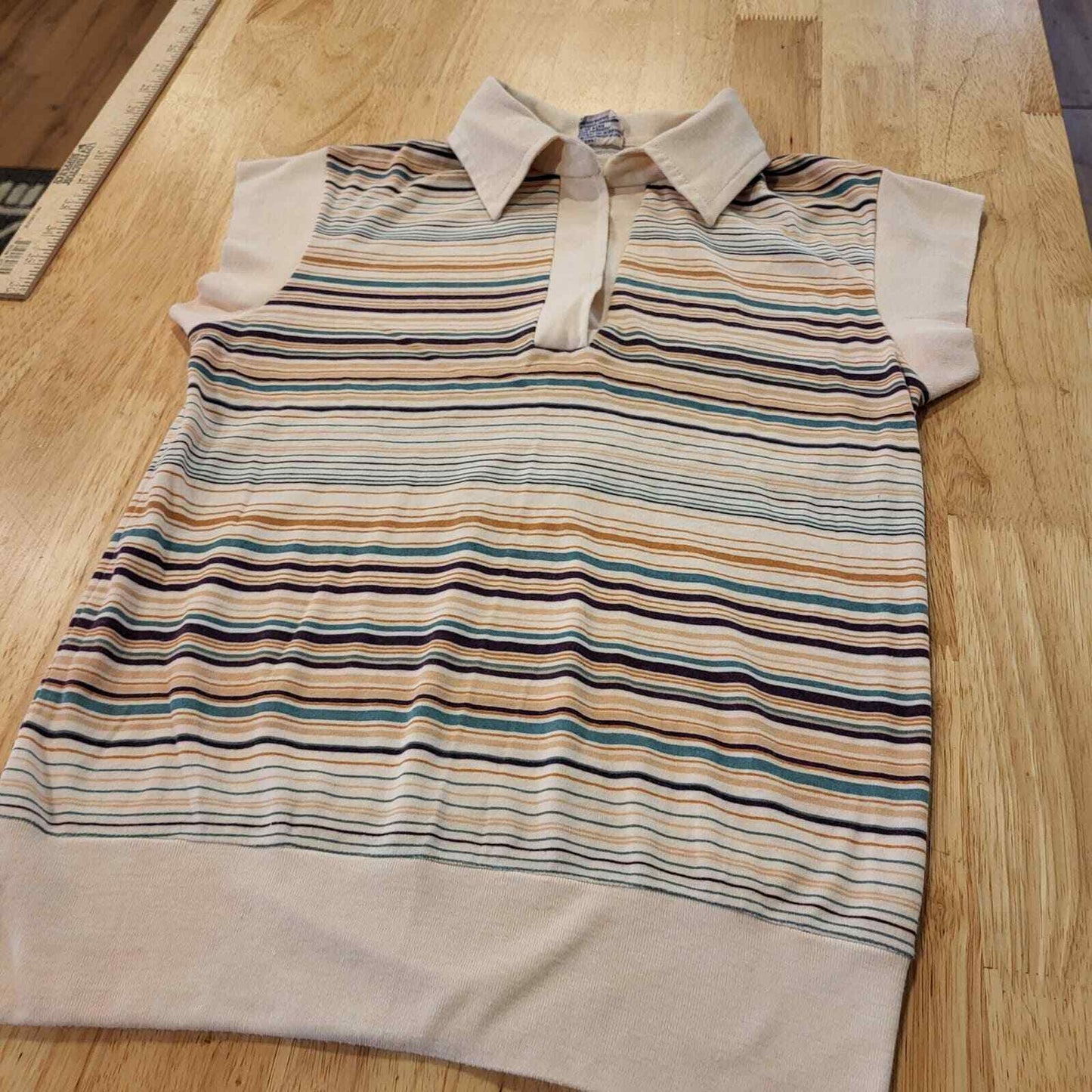 Vintage Pastel & Neutral Striped Collared Cap Sleeve Knit Top Button 