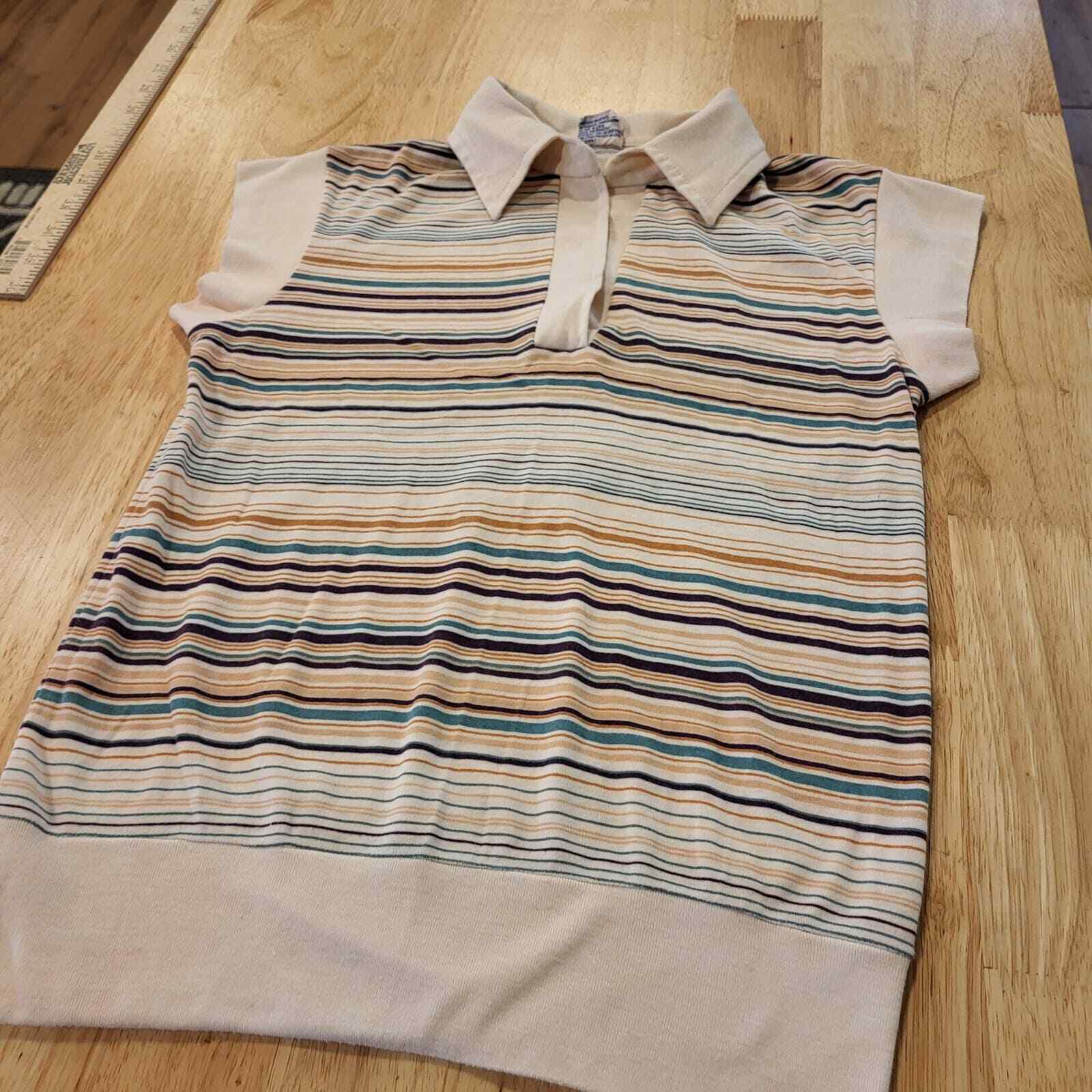 Vintage Pastel & Neutral Striped Collared Cap Sleeve Knit Top Button 