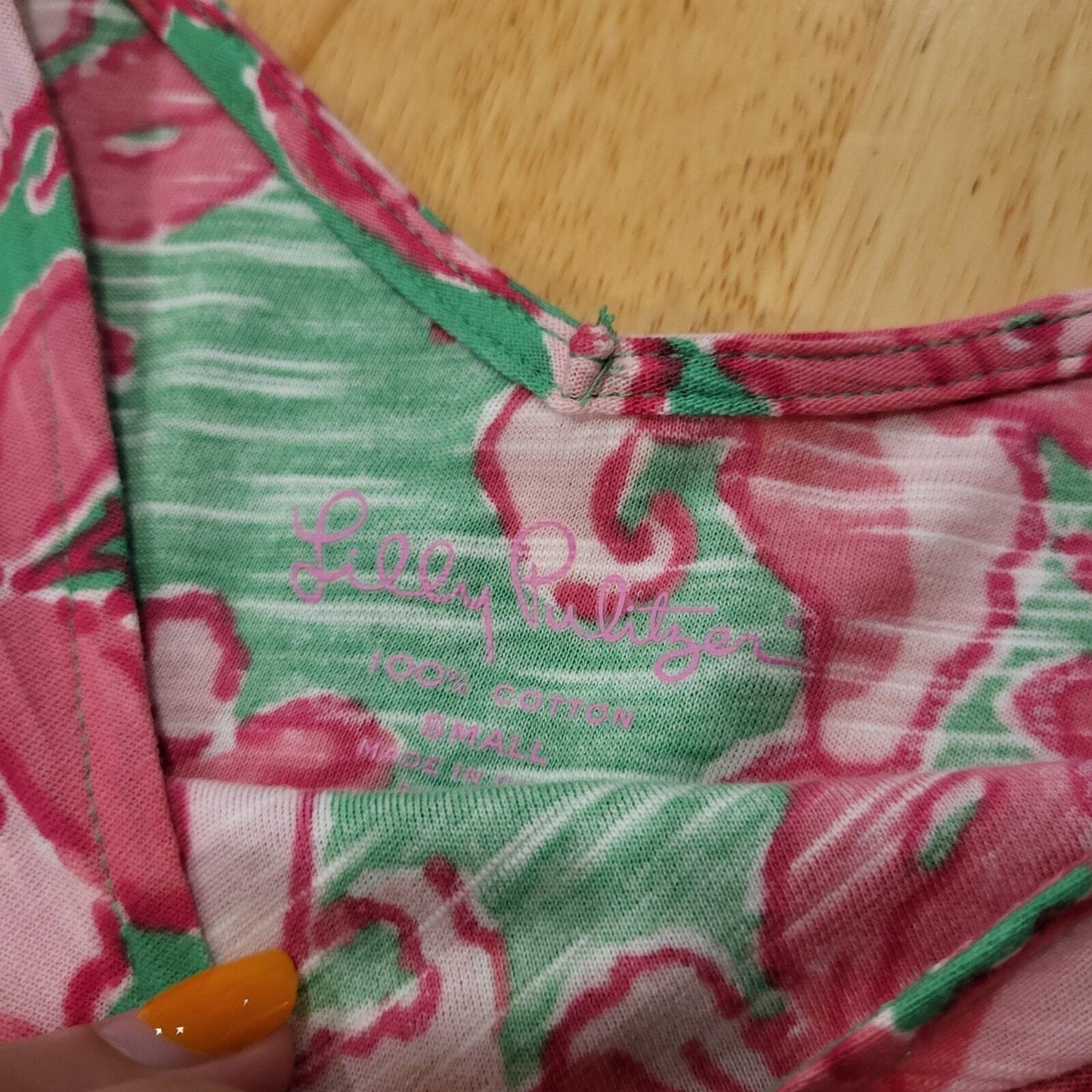 Lilly Pulitzer Floral Print Green & Pink 100% Cotton T-Shirt Small 100% Cotton