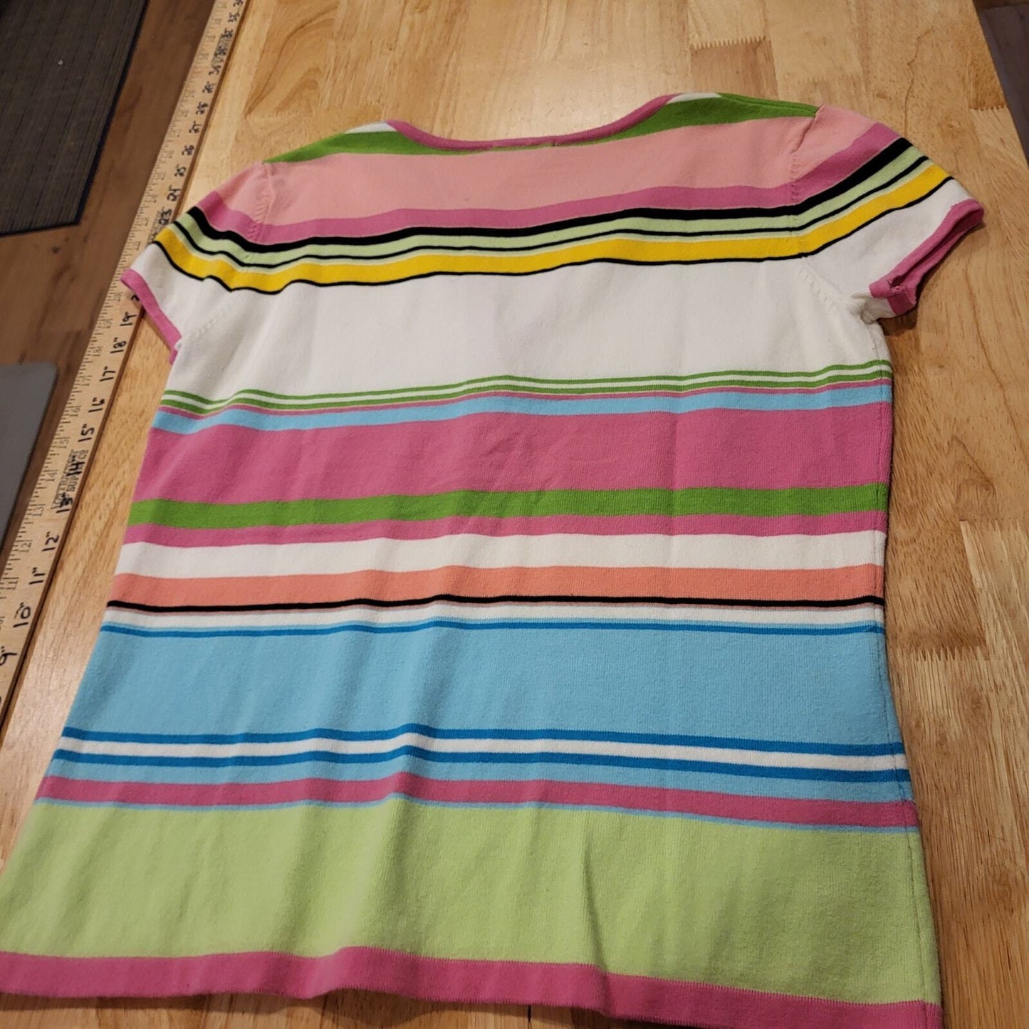 Lilly Pulitzer Pink Green Blue Stripe Knit Cap Sleeve Small Top 18" P2P Button