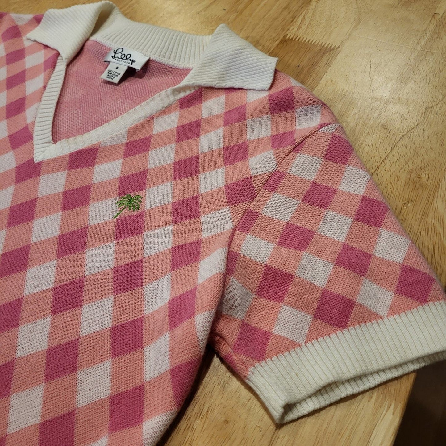 Lilly Pulitzer Gingham Knit Short Sleeve Contrast Collared V-Neck Sweater S
