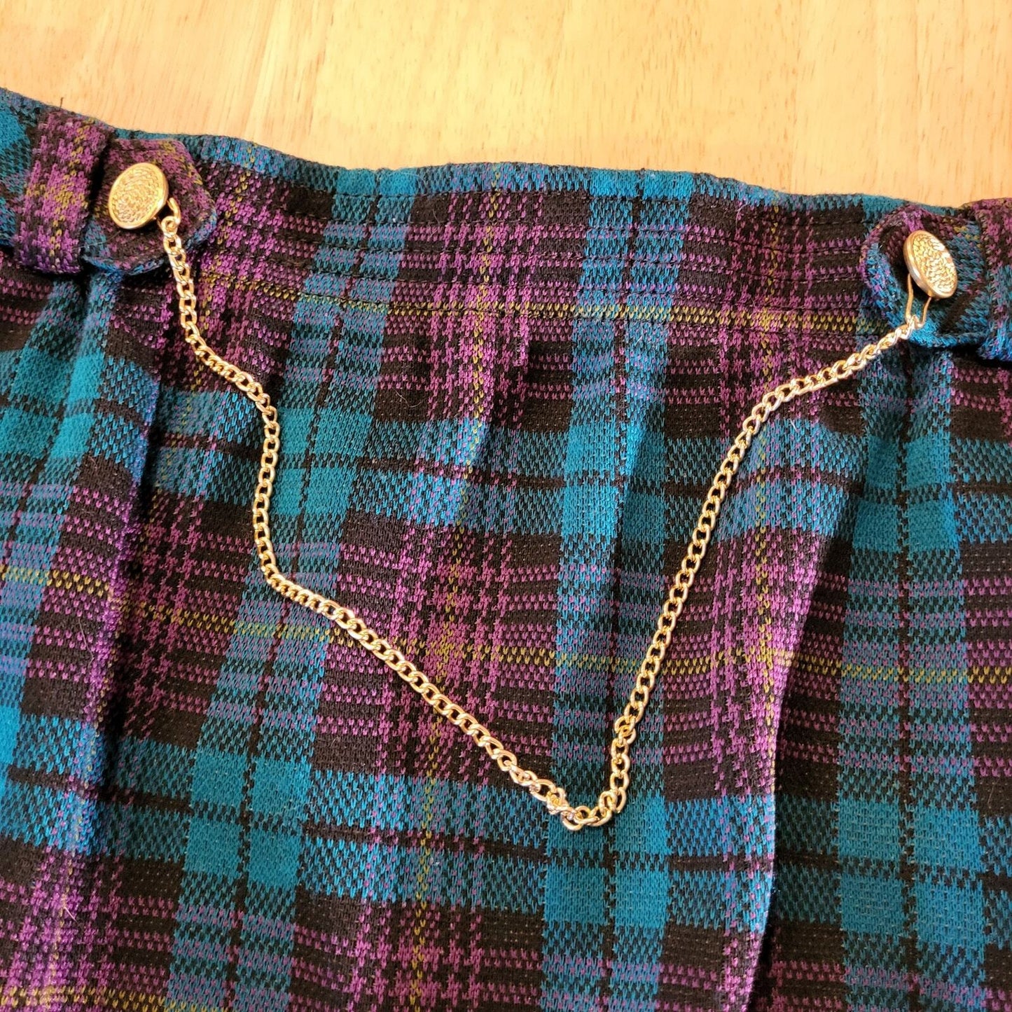 Vintage Tartan Plaid Purple Turquoise Knee Length Elastic Waist Gold Chain SZ18