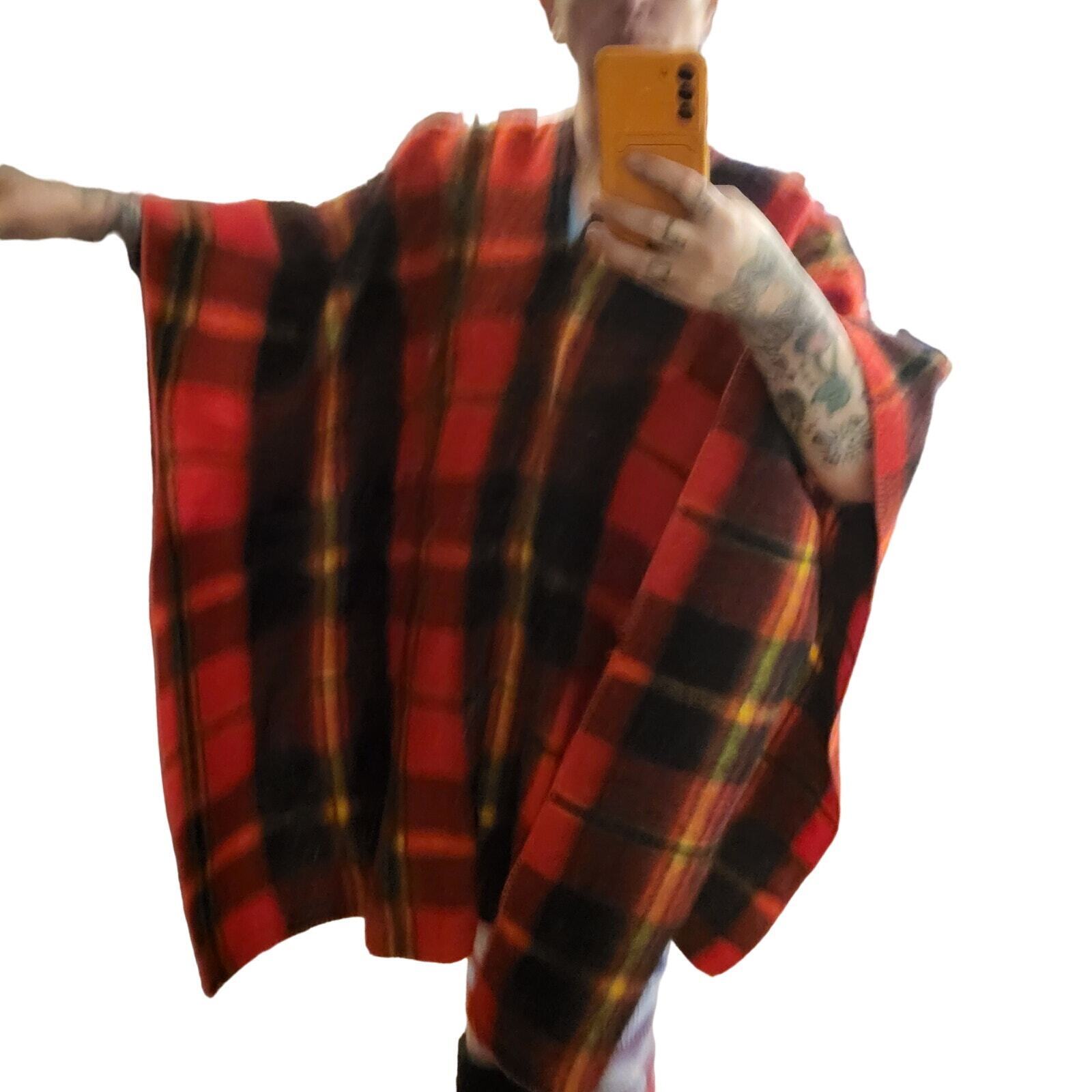 Red Wool Blend Tartan Plaid Poncho Shawl One Size 