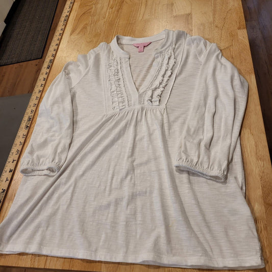 Lilly Pulitzer 3/4 Sleeve Ruffle Collar White Jersey Top XS 19" P2P