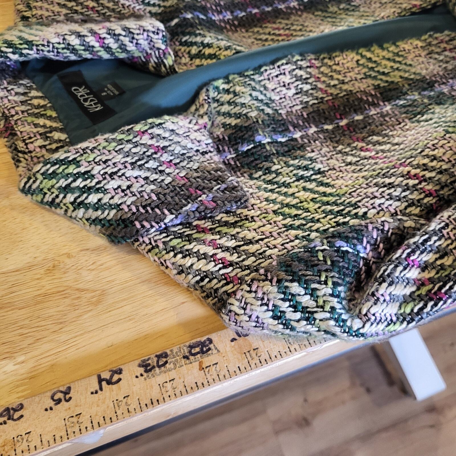 Kasper Pink & Green Short Coat Collared Size 8 Tweed Plaid Cuff 