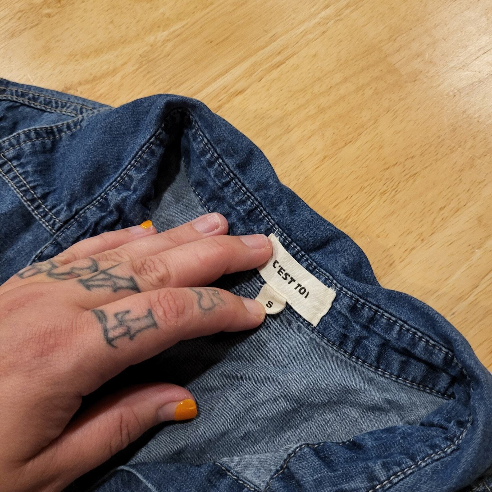 y2k Denim Cest Toi Denim Button Front Cap Sleeve Collared Top Zip Pocket