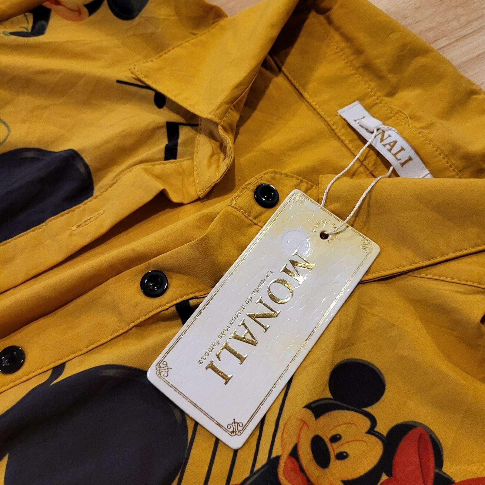 NWT Monali Yellow Cotton Mickey Mouse Blouse Tie Front Collared Button Down 