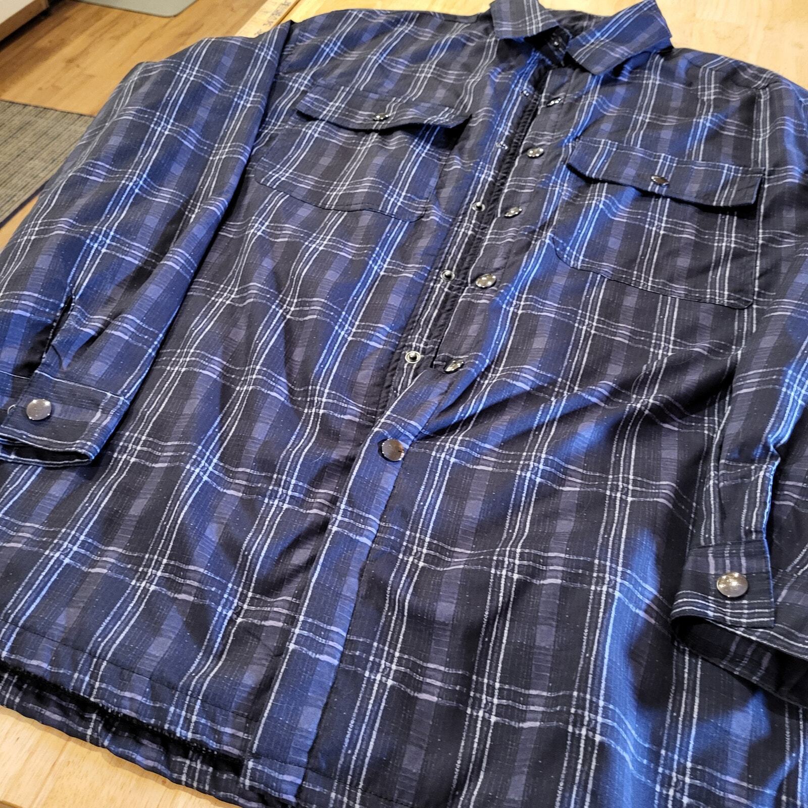 Blue Plaid Nylon Snap Button Collared Coat Fleece Lined Pockets 23" p2p 28" L