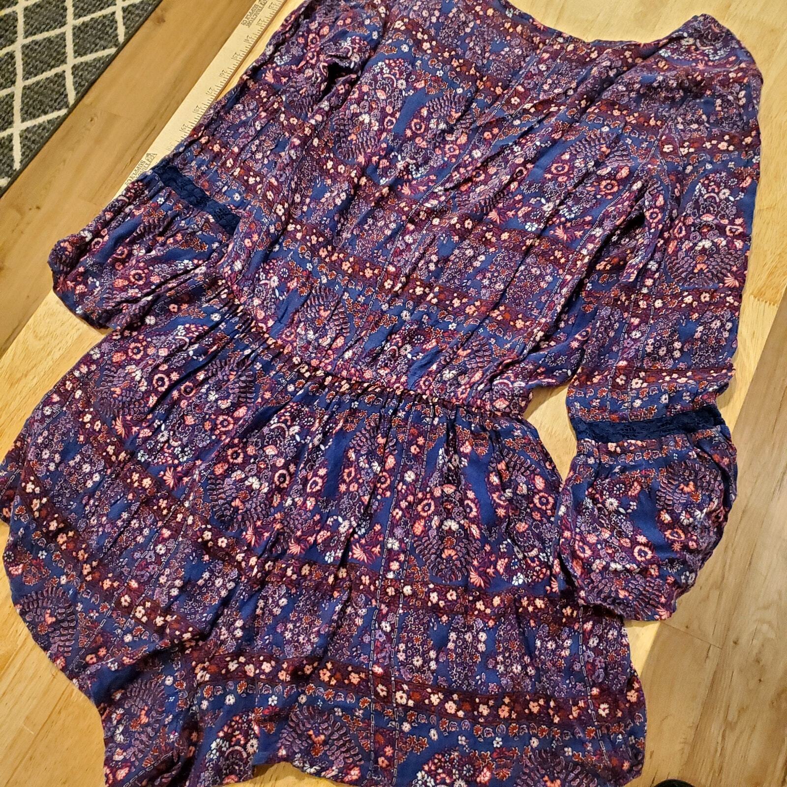 American Eagle Outfitters Purple Floral Long Bell Sleeve Romper Short Small 