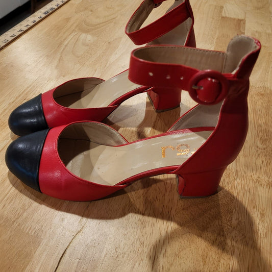 FSJ Red & Black Sling Back 1.5" Block Heel Strappy Round Toe Dance size 9 10"