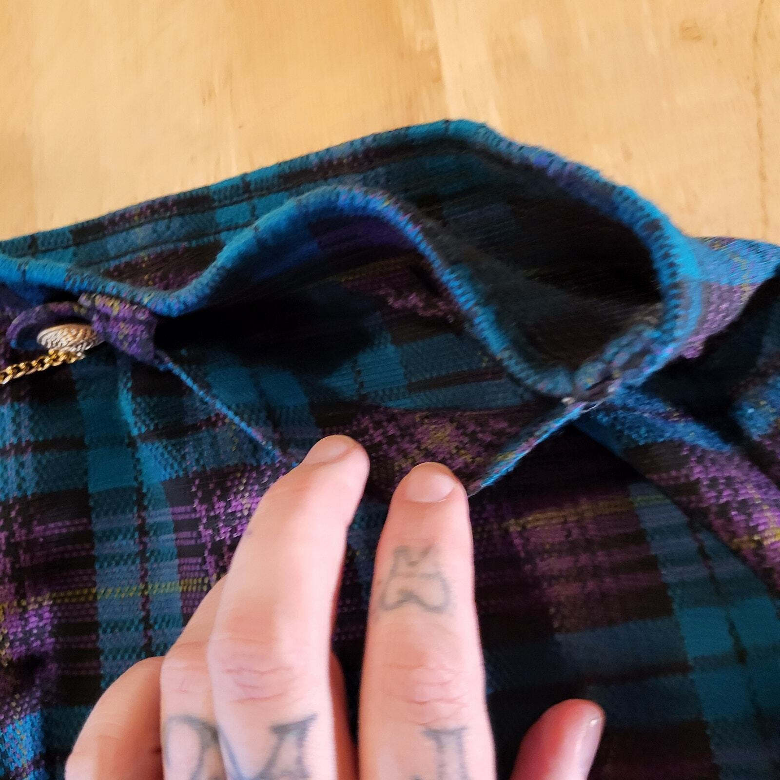 Vintage Tartan Plaid Purple Turquoise Knee Length Elastic Waist Gold Chain SZ18