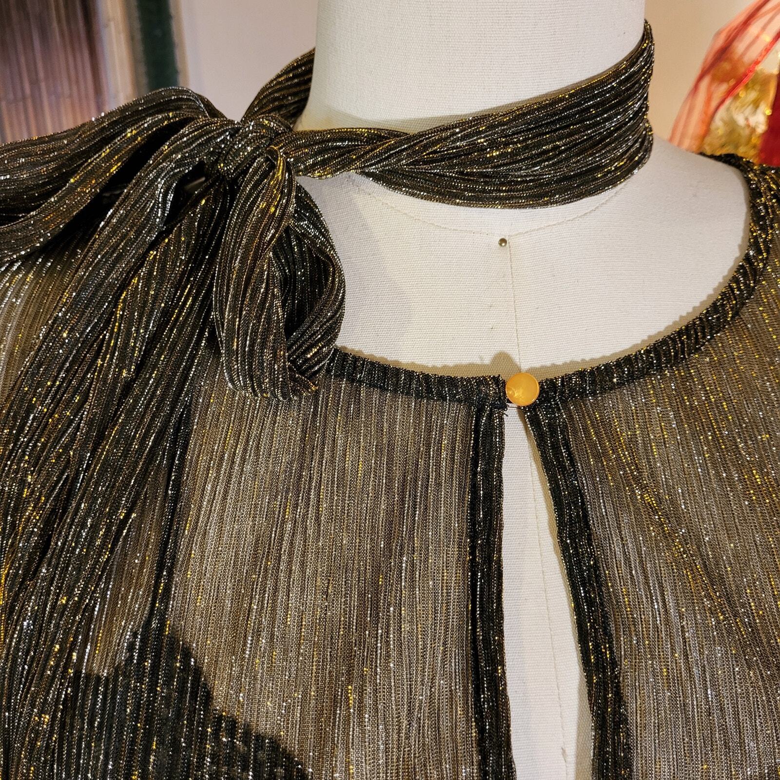 Gold Metallic Vintage Sheer Maxi Dress Long Sleeve Belt 24" P2P Ribbed
