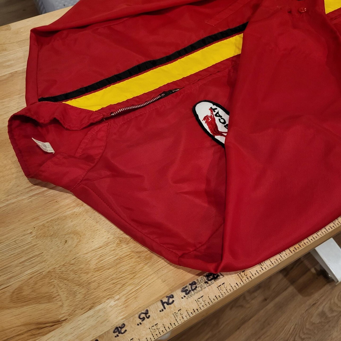 Red Nylon Vintage Jacket Zip 22" Pit to Pit Stripe Melroe Bobcat