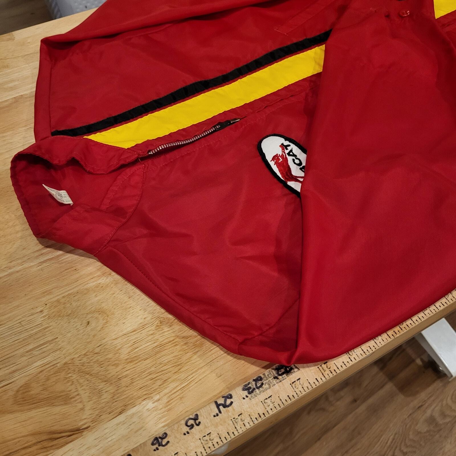 Red Nylon Vintage Jacket Zip 22" Pit to Pit Stripe Melroe Bobcat