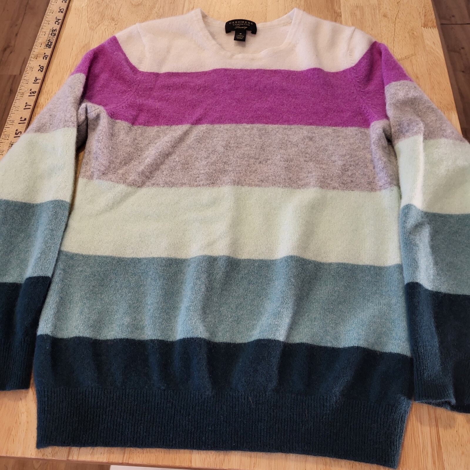 Charter Club Luxury 100% Cashmere Pink & Green Stripe Crew Neck Sweater Medium