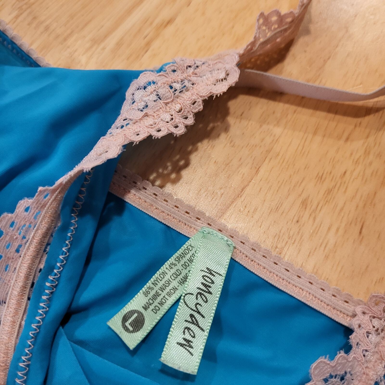 Honeydew Blue & Pink Lace Short Strappy Nighty Slip Dress Large