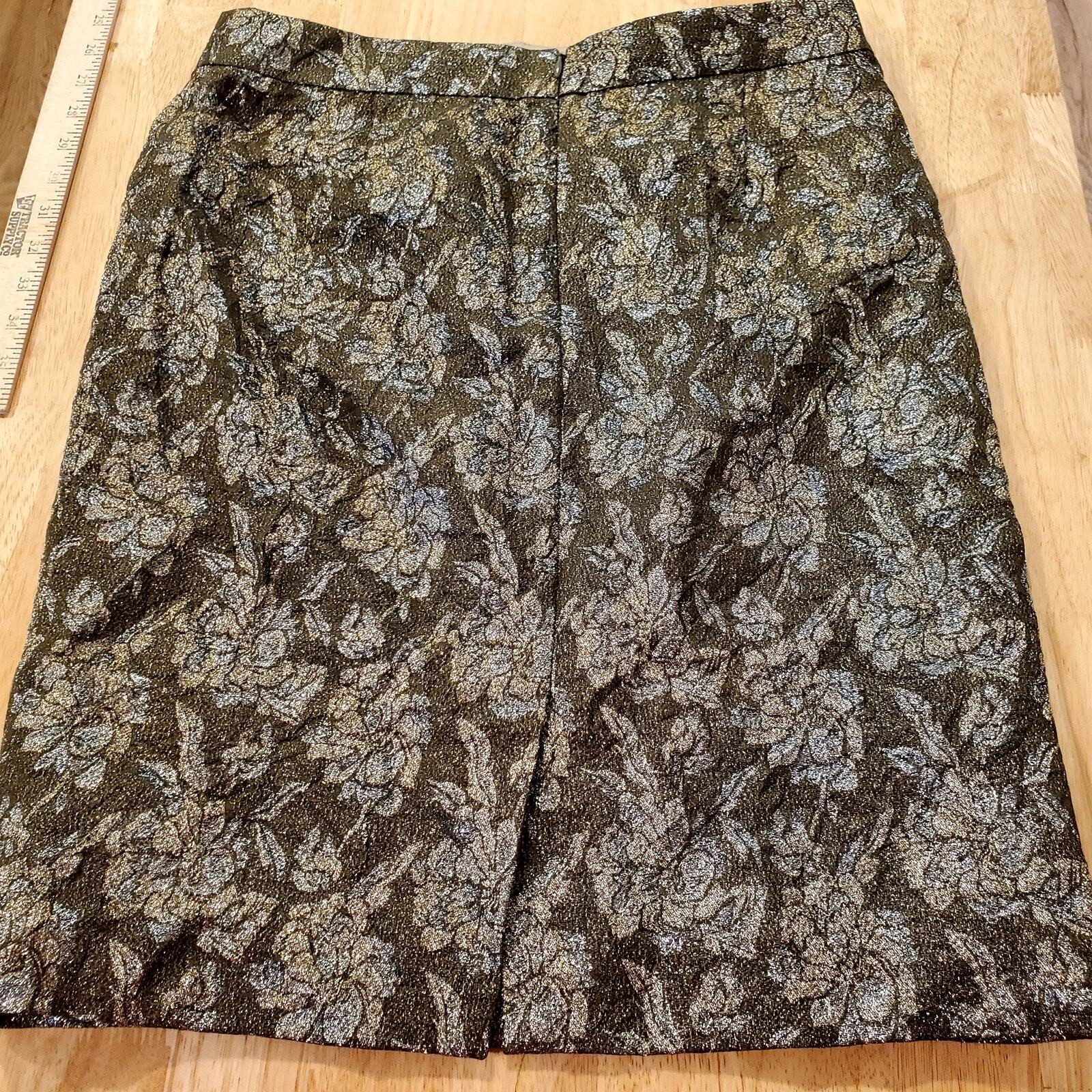 J.Crew Knee Length Pencil Skirt Silk Blend Metallic Black Gold Size 6 Back Slit