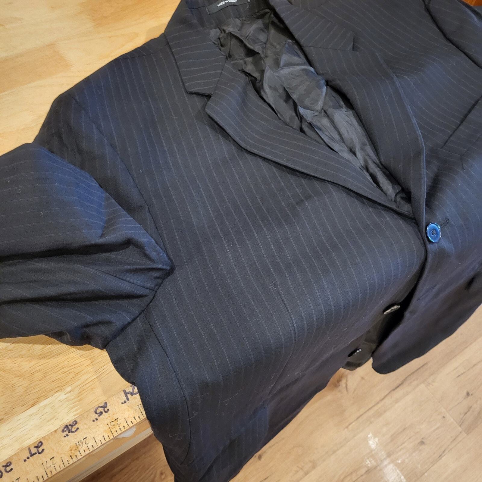 DKNY Black Pinstripe 100% Wool Suit jacket 32" Long 25" P2P