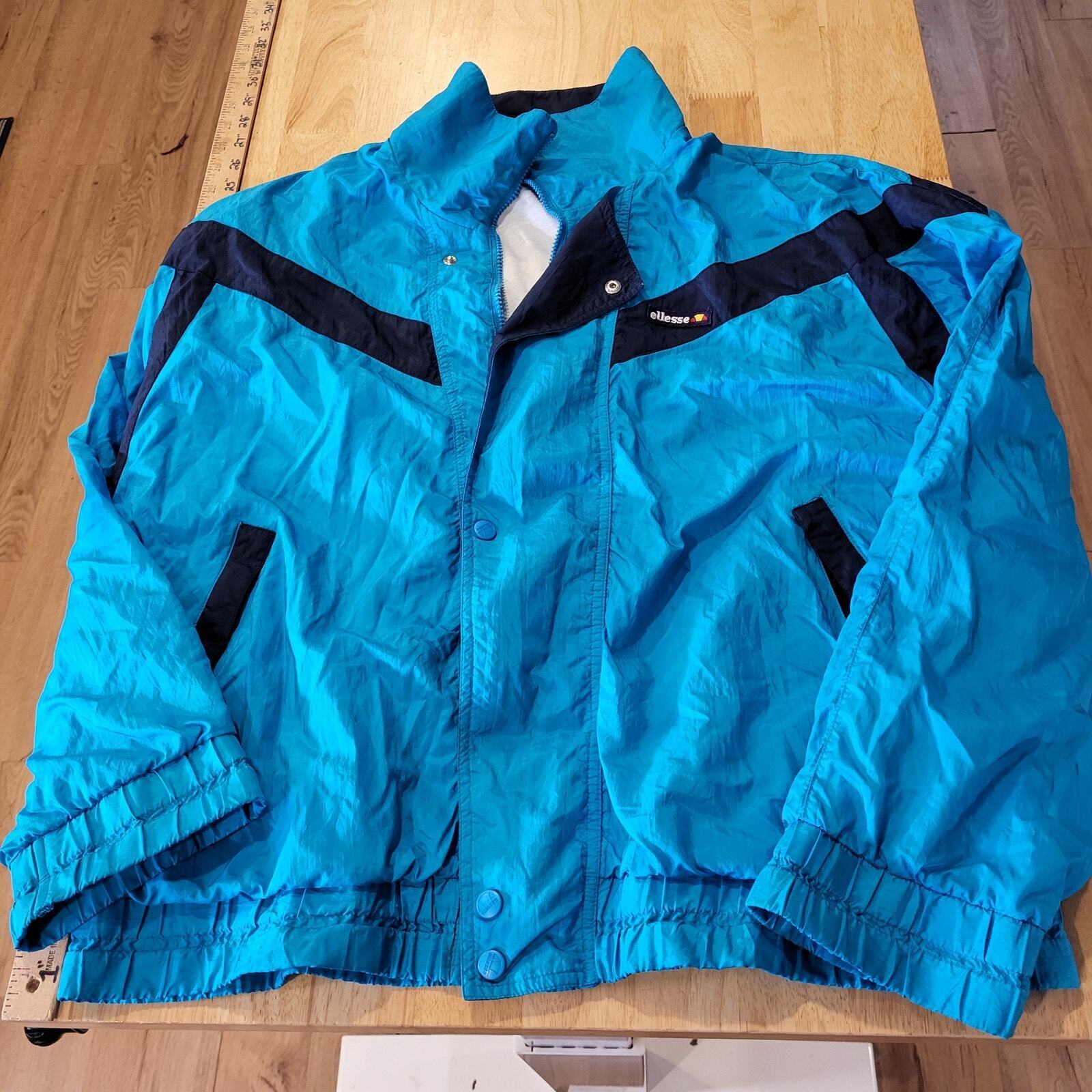 Vintage Ellesse Blue Wind Breaker Full Zip Cotton Lined (elastic wear from age) 