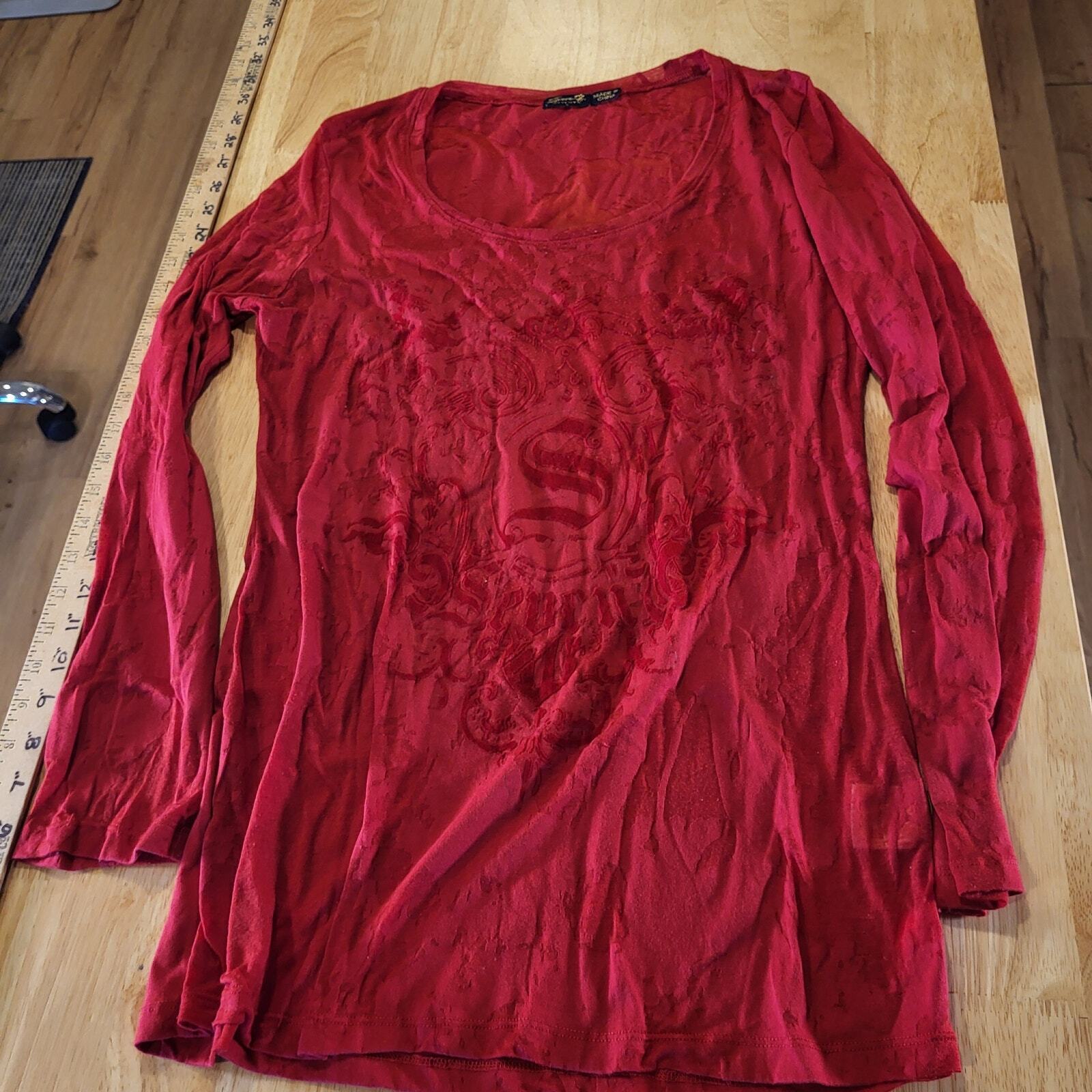 Seven7 For All Mankind Red Y2K  Long Sleeve T-Shirt Burnout Jersey  18" P2P