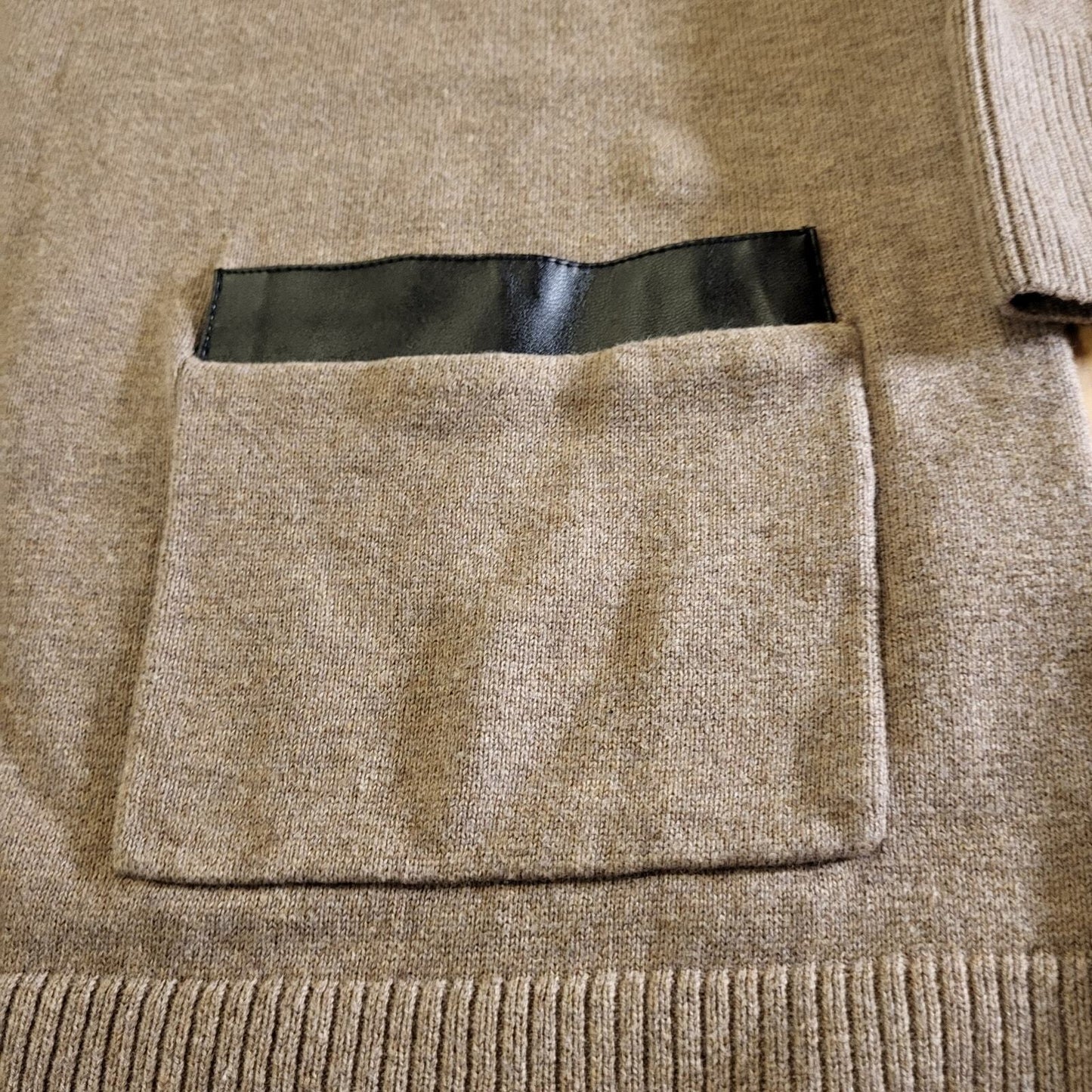 Jeanne Pierre 100% Cotton Beige Sweater Dress Knit Faux Leather Pocket Collar sm