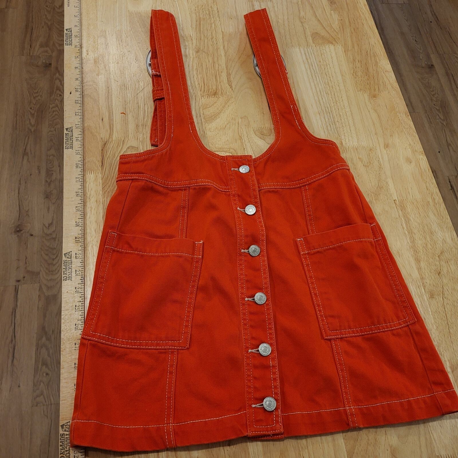 Medium Forever 21 Red Denim Pinafore Adjustable Buckle Overall Dress Pockets 