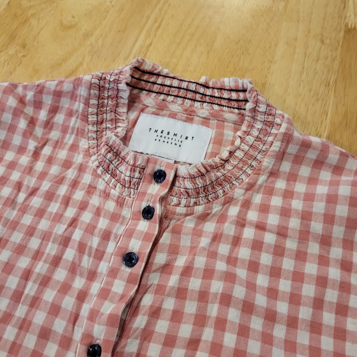 Rochelle Behrens The Shirt Gingham Pink Sheered Collar & Cuff Cotton Long Sleeve
