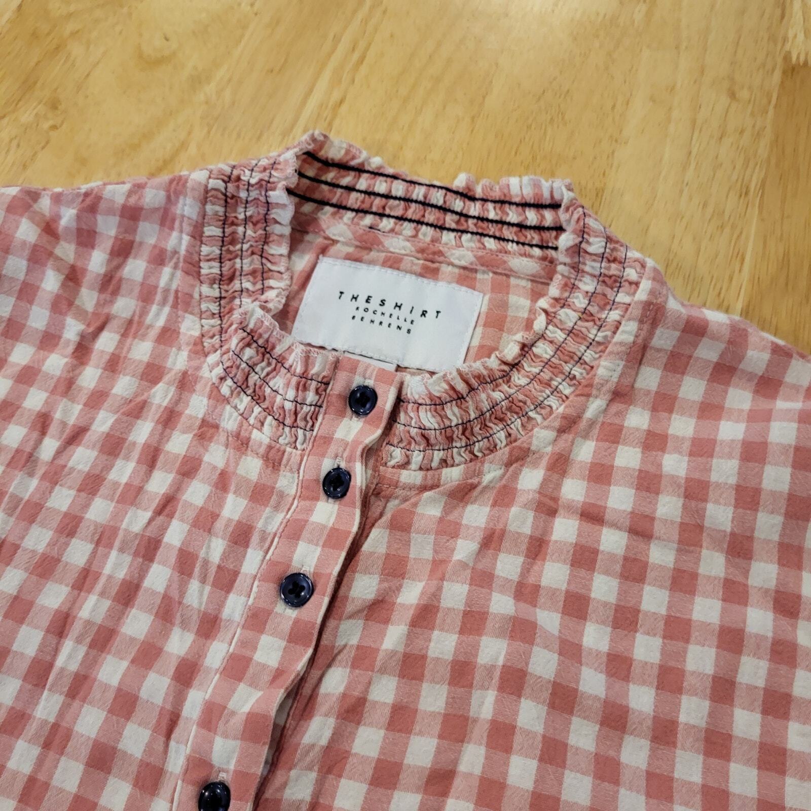 Rochelle Behrens The Shirt Gingham Pink Sheered Collar & Cuff Cotton Long Sleeve