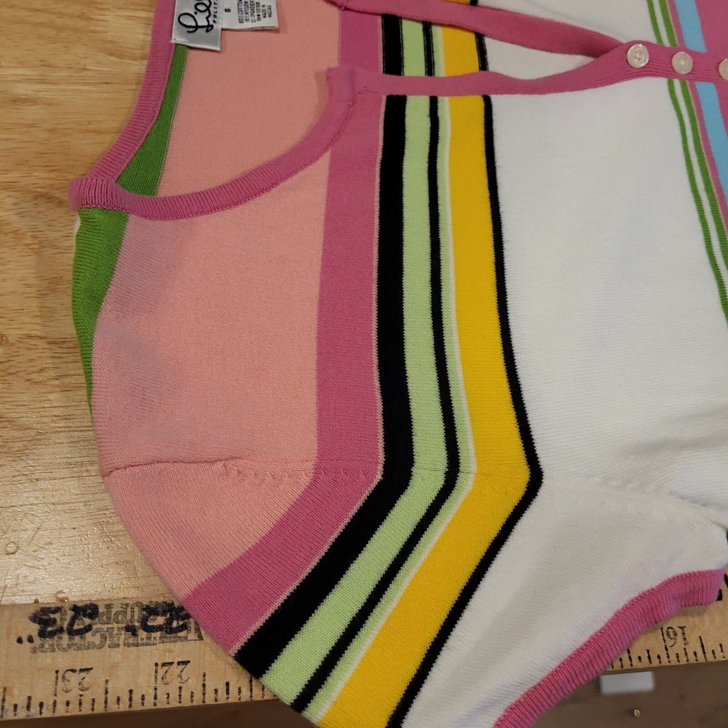 Lilly Pulitzer Pink Green Blue Stripe Knit Cap Sleeve Small Top 18" P2P Button
