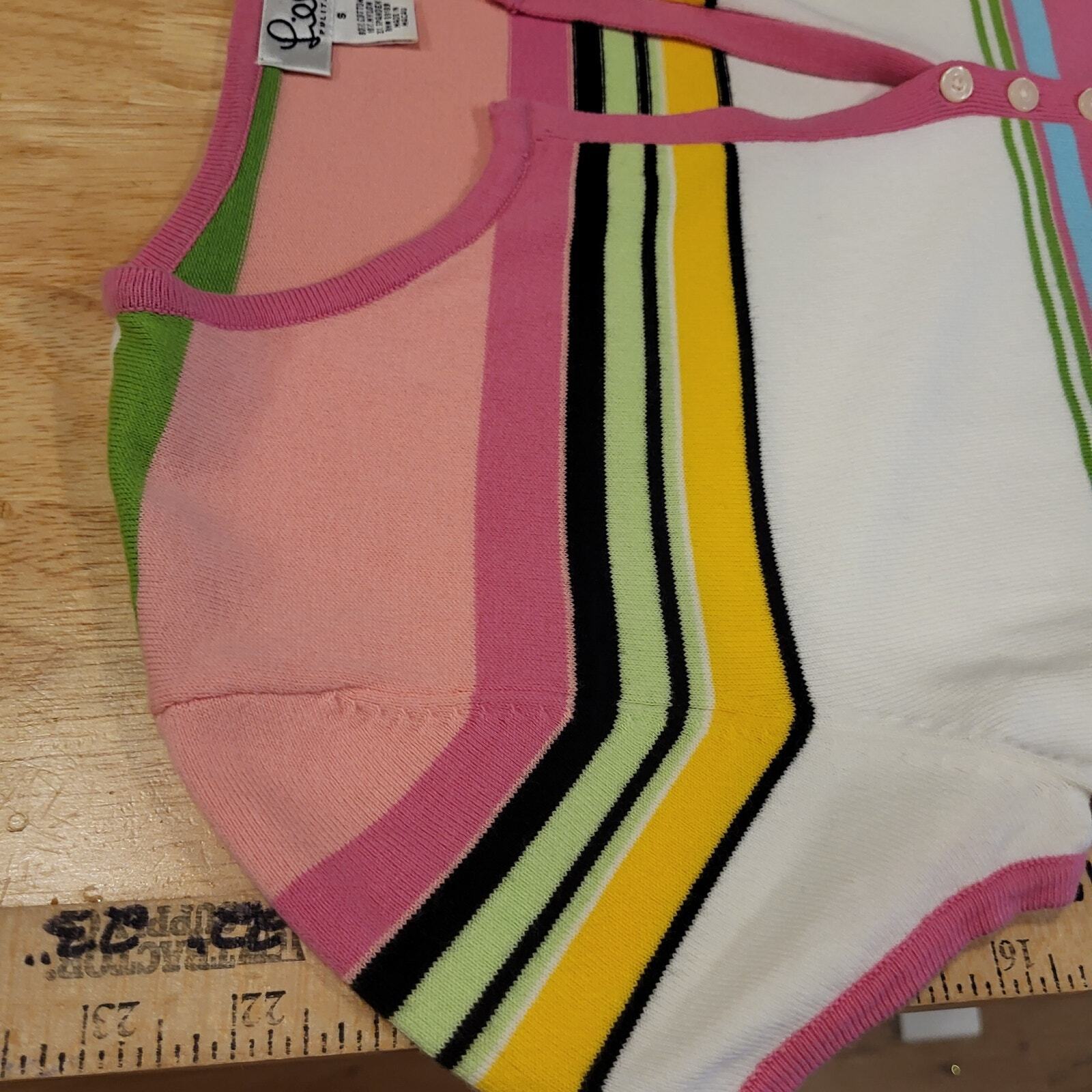 Lilly Pulitzer Pink Green Blue Stripe Knit Cap Sleeve Small Top 18" P2P Button