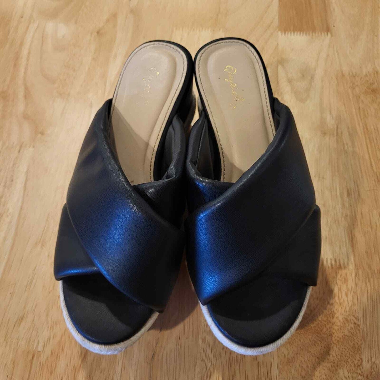 Black Crossover Faux Leather Cork Wedges White Detail 9" Size 6.5