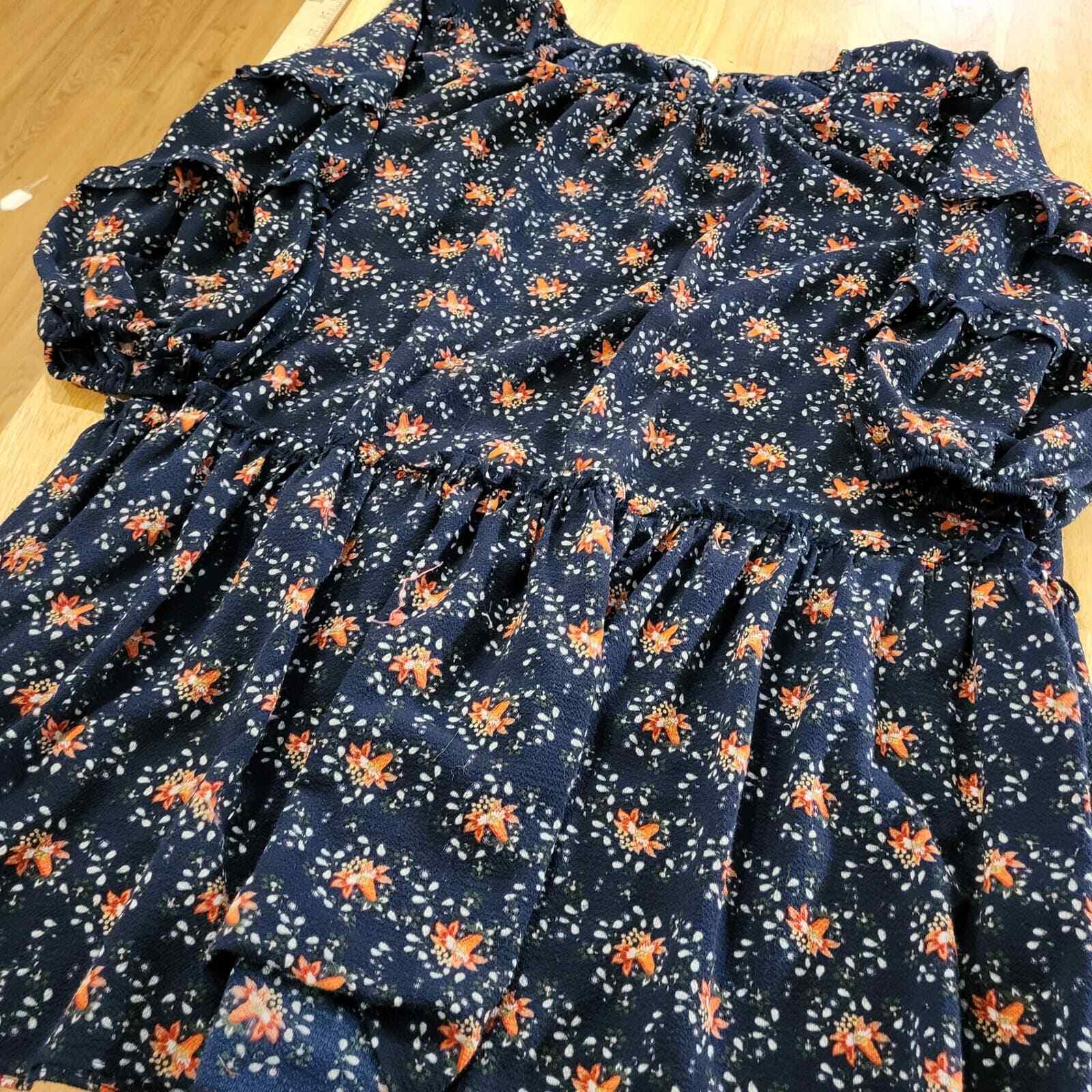 Max Studios Navy Blue Floral Ruffle 3/4 Sleeve Med Knee Length Dress