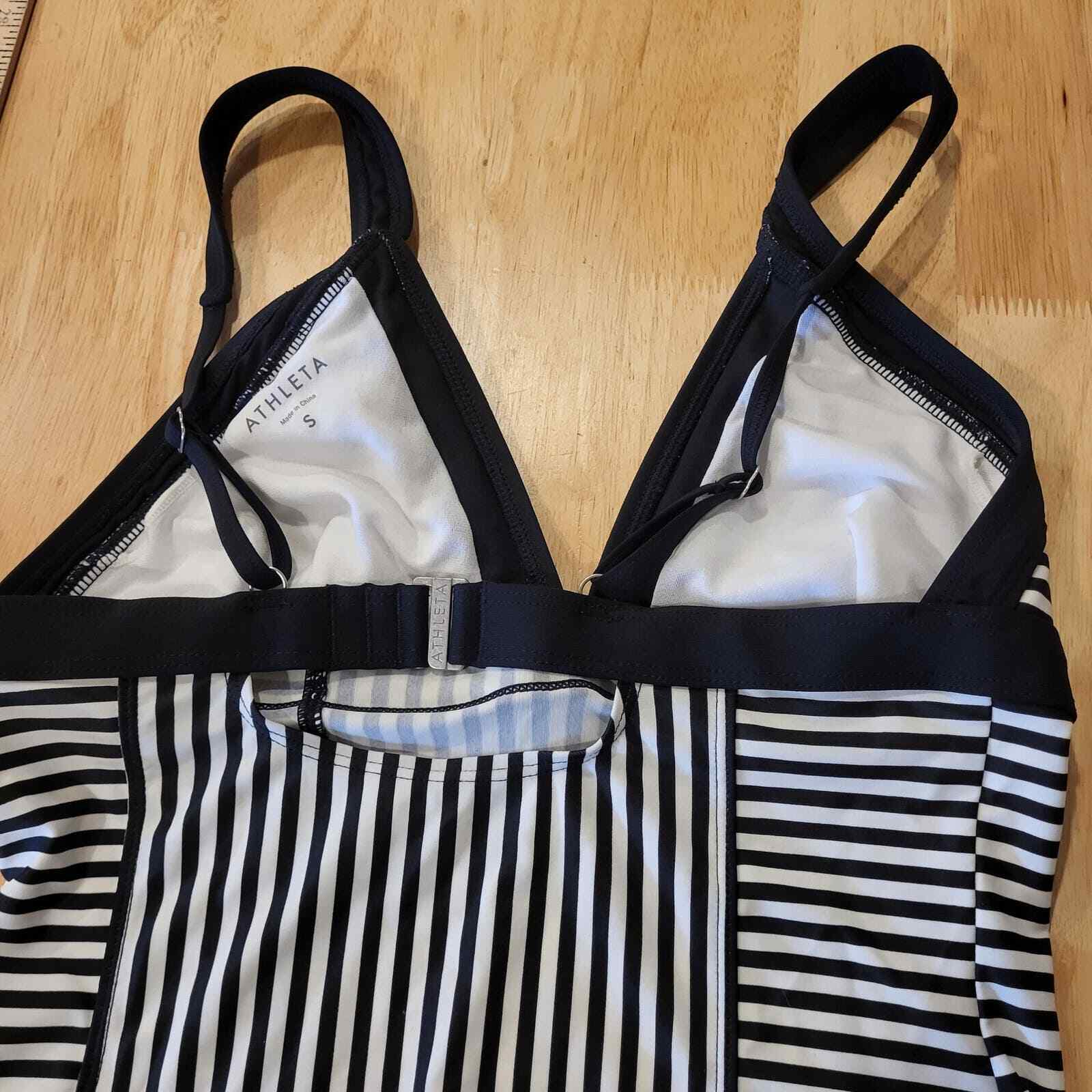 Athleta swim top striped black and white triangle strap metal clasp full 