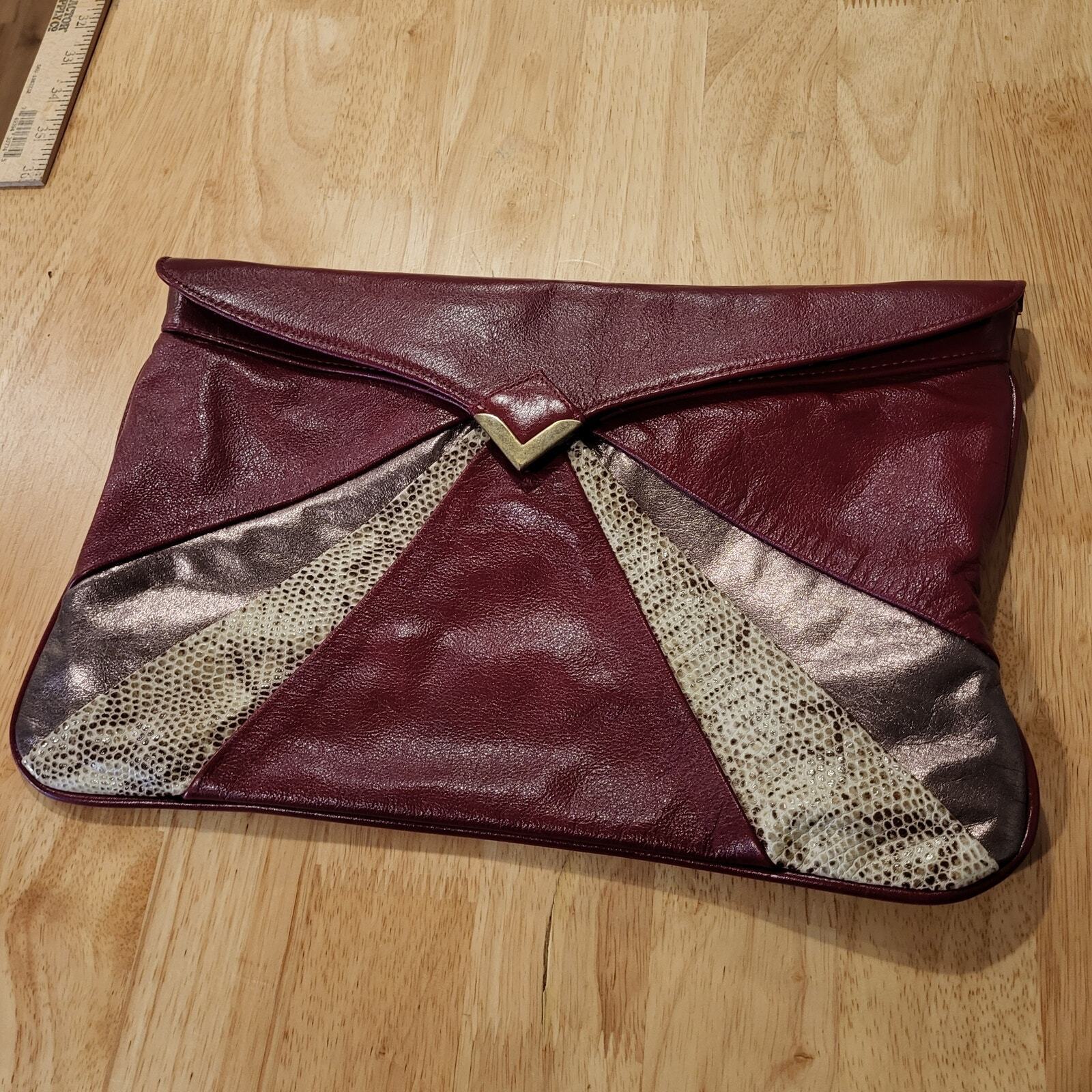 Vintage Burgandy Snake Leather Envelope Clutch Bag Silver Magnetic Bronz Stripe