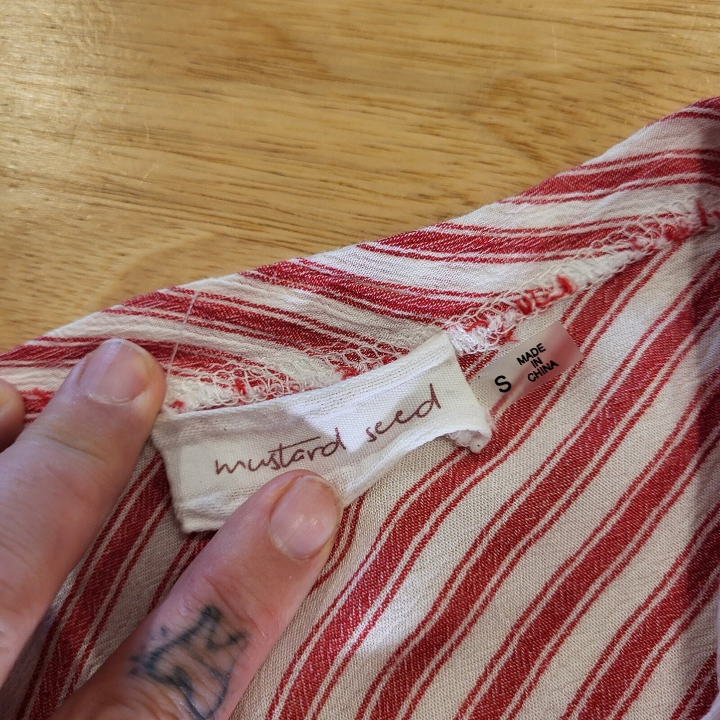 Red & White Striped Mustard Seed Soft Blouse V Neck Short Sleeve