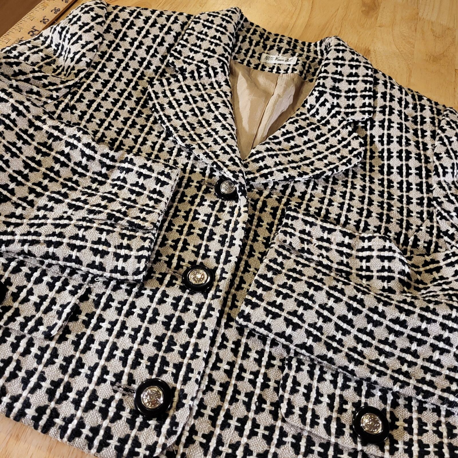 Doncaster Geometric 100% Silk Tweed Coat Pockets Buttons Notched Hem Size 2